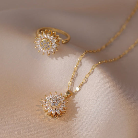 GiraTwin4x™ Multiset de anillo aros collar y pulsera de girasoles giratorios - Podios
