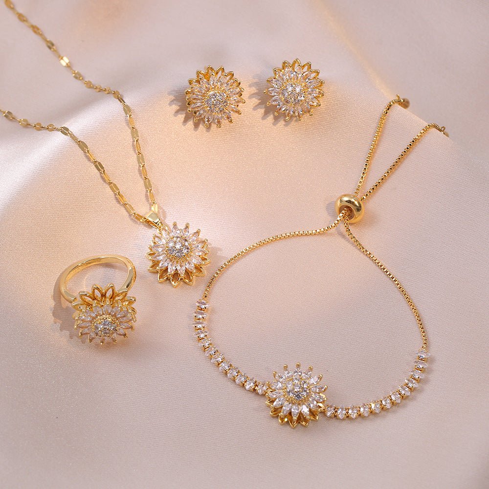 GiraTwin4x™ Multiset de anillo aros collar y pulsera de girasoles giratorios - Podios