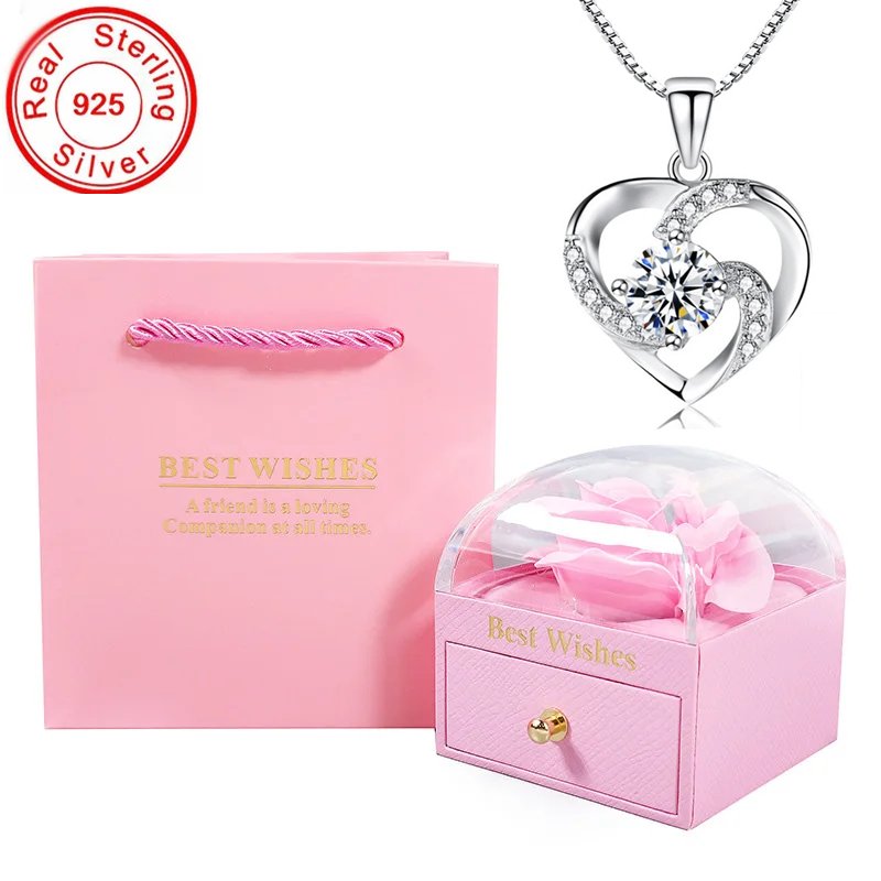 Glacial Glamour Rosa Eterna™ Collar de plata 925 con circón blanco y caja rosada de rosa eterna - Podios