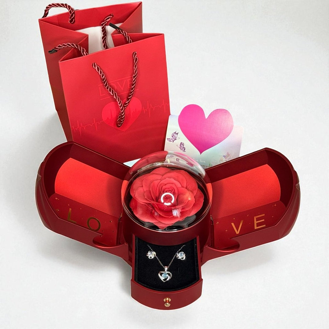 Glacial Glamour Rose Love™ Collar y aros de plata 925 con circón en Caja Love con Rosa Eterna - Podios