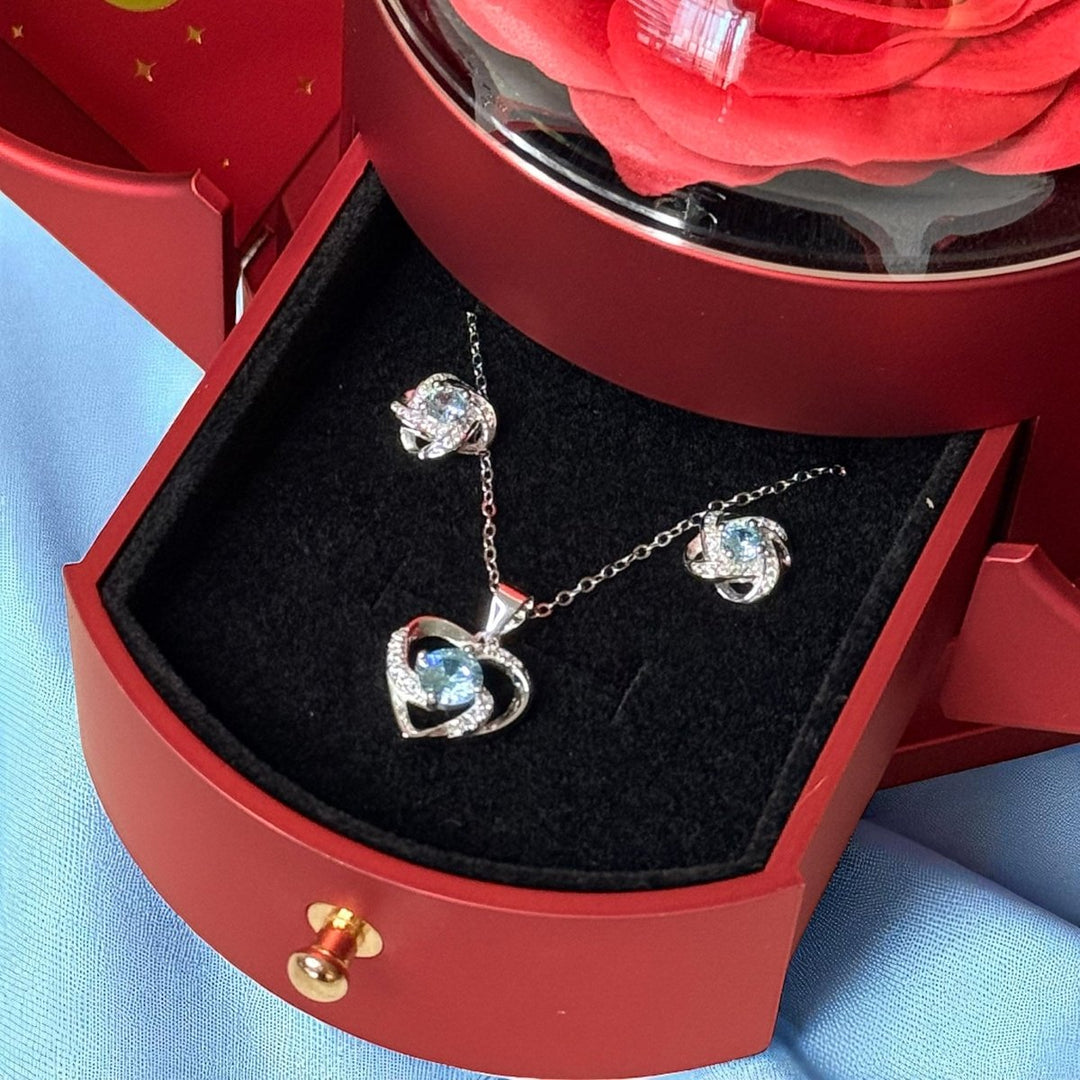 Glacial Glamour Rose Love™ Collar y aros de plata 925 con circón en Caja Love con Rosa Eterna - Podios