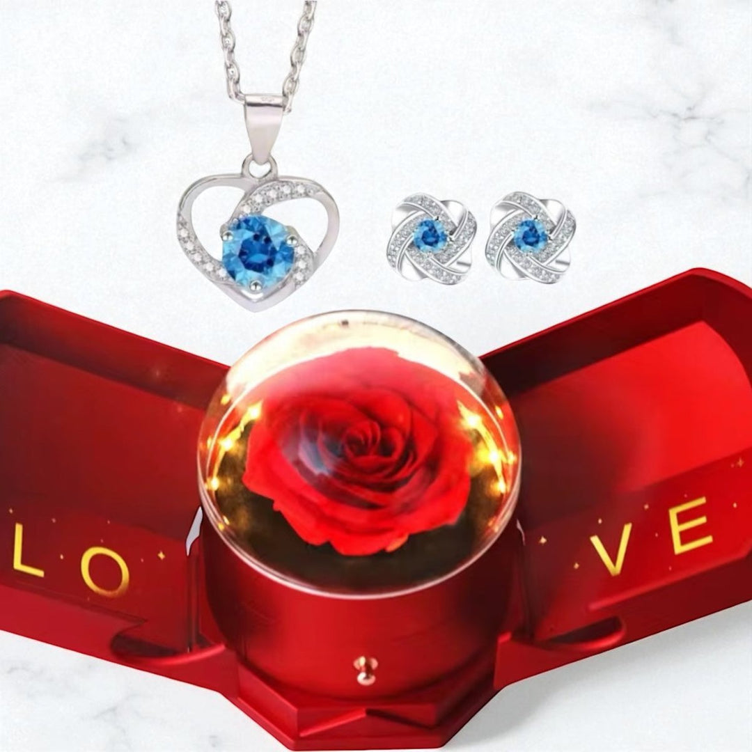 Glacial Glamour Rose Love™ Collar y aros de plata 925 con circón en Caja Love con Rosa Eterna - Podios