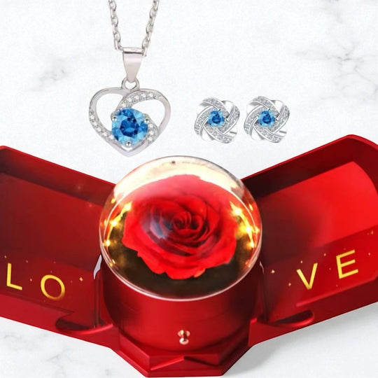 Glacial Glamour Rose Love™ Collar y aros de plata 925 con circón en Caja Love con Rosa Eterna - Podios