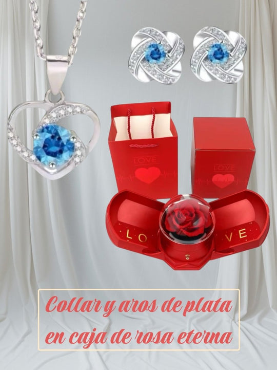 Glacial Glamour Rose Love™ Collar y aros de plata 925 con circón en Caja Love con Rosa Eterna - Podios