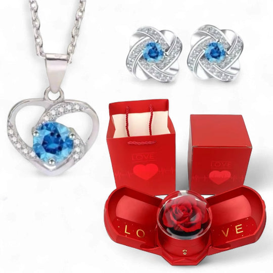 Glacial Glamour Rose Love™ Collar y aros de plata 925 con circón en Caja Love con Rosa Eterna - Podios