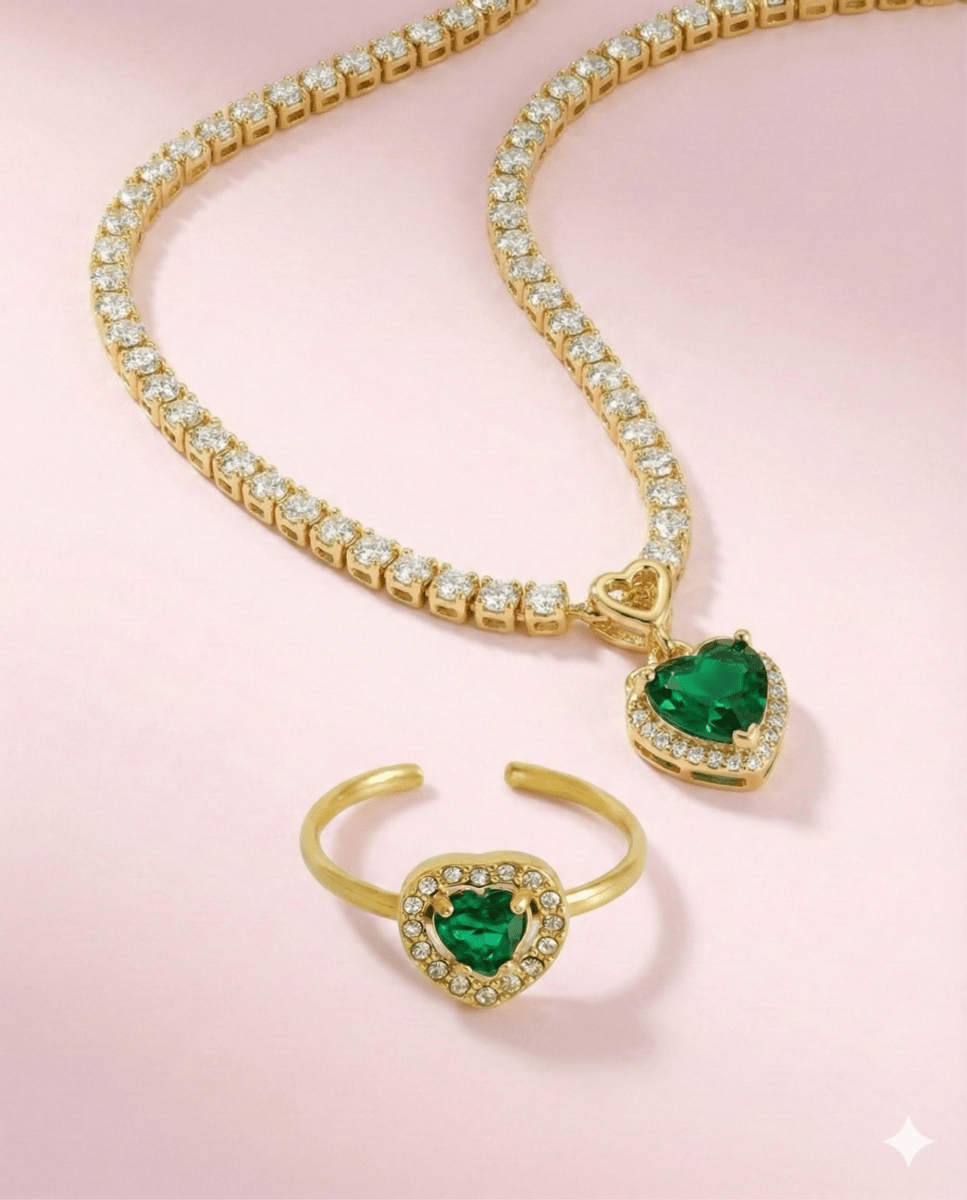 Golden Alerce™ Collar y anillo enchapado en oro 18 quilates con brillante estilo esmeralda - Podios