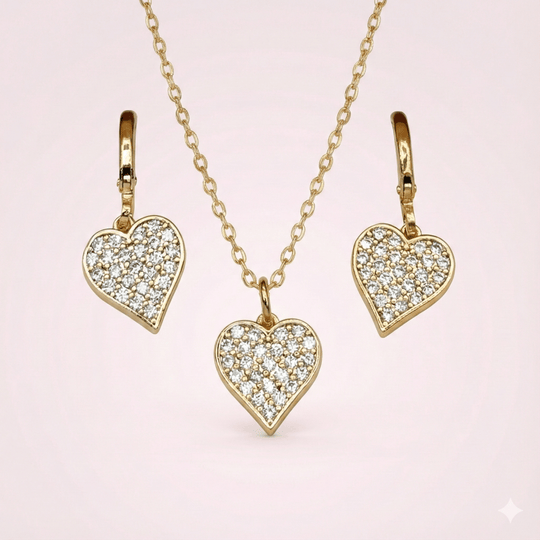 Goldenbright Heart Dúo™ Conjunto de aros y collar bañados en oro de 18k con circonitas 3A - Podios