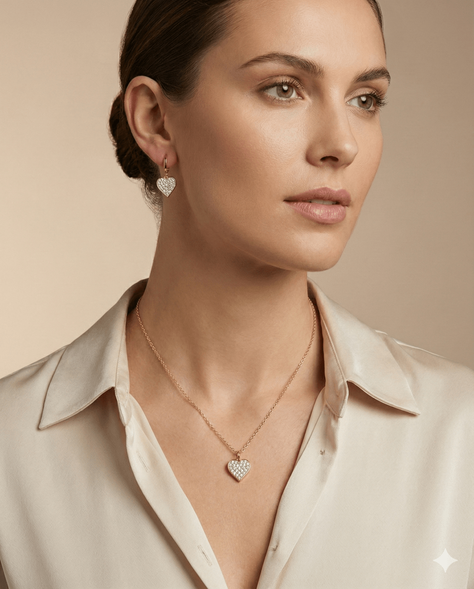 Goldenbright Heart Dúo™ Conjunto de aros y collar bañados en oro de 18k con circonitas 3A - Podios