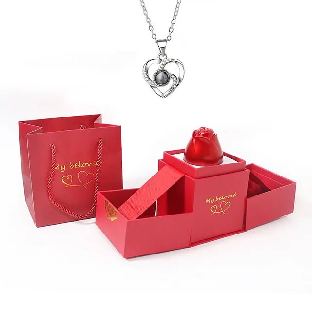 HotRose™ Conjunto con collar “te amo el 100 idiomas” en caja de rosa ascendente - Podios