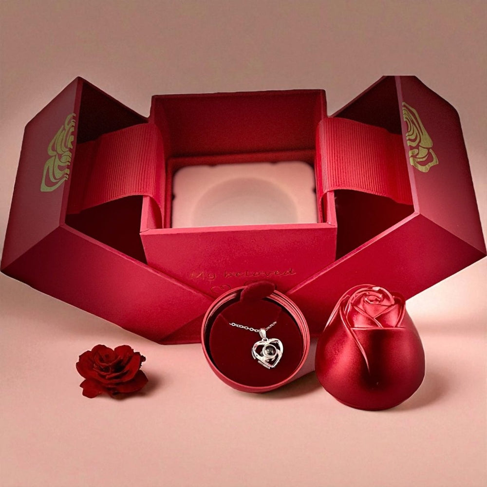 HotRose Platinium Plata 925™ Conjunto con collar “te amo en 100 idiomas” en caja de rosa ascendente - Podios