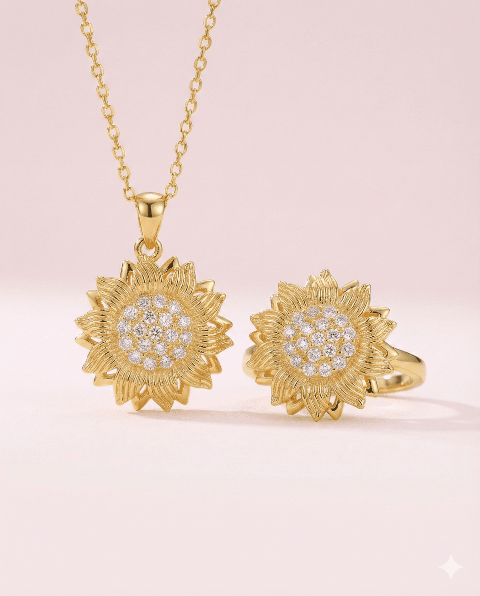 Lumiere 2 Lights - collar y anillo de girasol giratorio enchapado en oro 14k - Podios