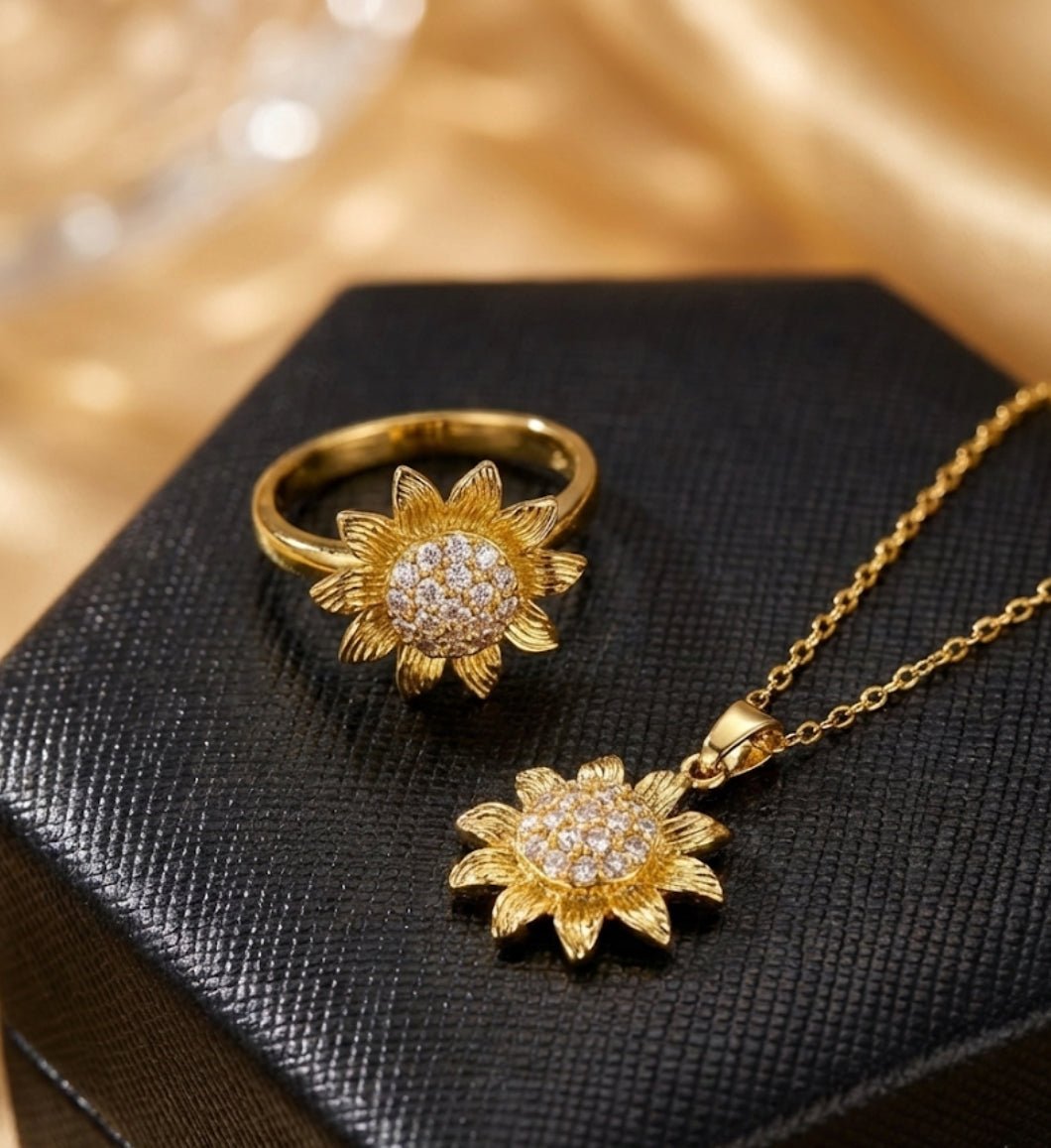 Lumiere 2 Lights - collar y anillo de girasol giratorio enchapado en oro 14k - Podios