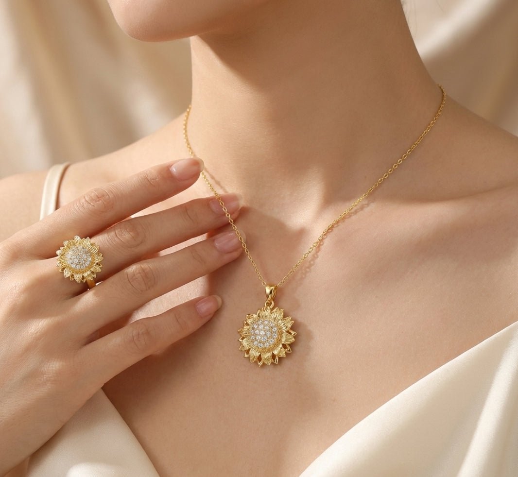 Lumiere 2 Lights - collar y anillo de girasol giratorio enchapado en oro 14k - Podios