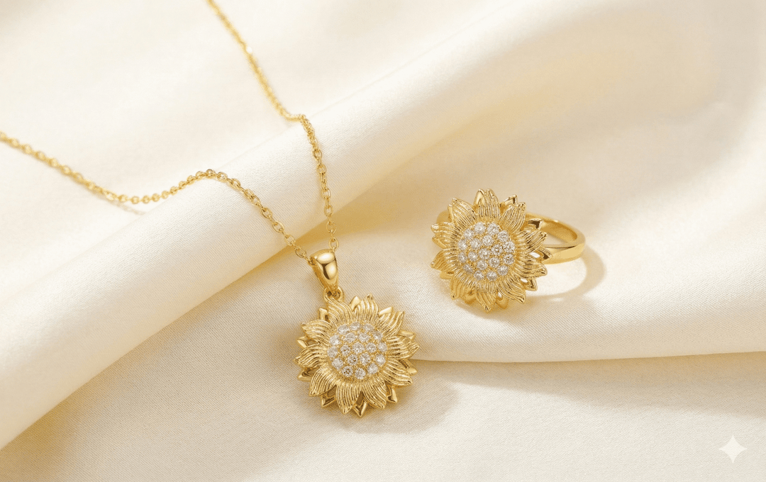 Lumiere 2 Lights - collar y anillo de girasol giratorio enchapado en oro 14k - Podios