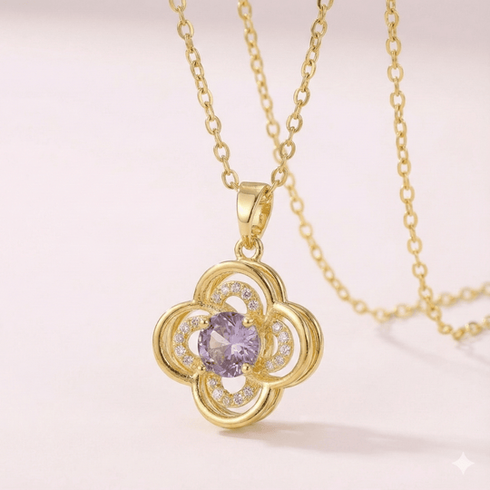 Lumiere Blossom Clover - collar de trébol giratorio enchapado en oro 14k con cristal lila - Podios