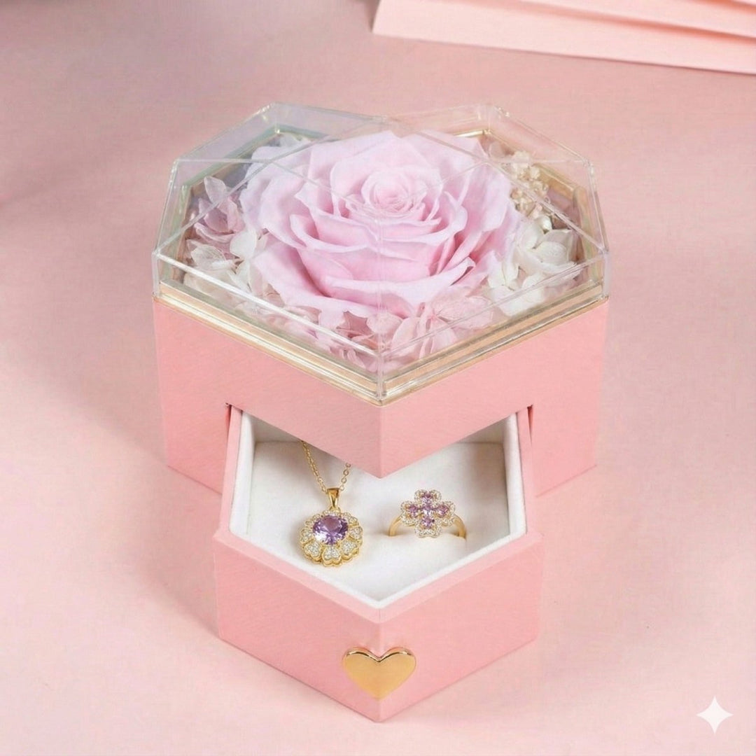 Lumiere Blossom Set - collar y anillo de trébol giratorio enchapado en oro 14k con cristal lila en caja de Rosa - Podios