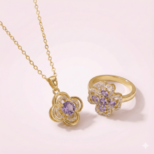 Lumiere Blossom Set - collar y anillo de trébol giratorio enchapado en oro 14k con cristal lila en caja de Rosa - Podios