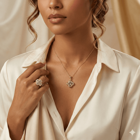 Lumiere Blossom Set - collar y anillo de trébol giratorio enchapado en oro 14k con cristal lila en caja de Rosa - Podios