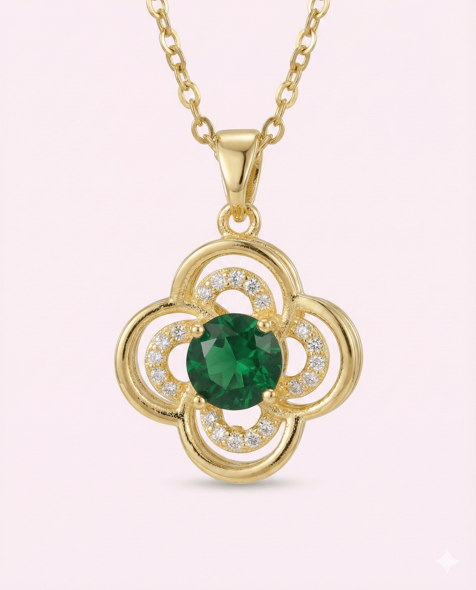 Lumiere Emerald Clover - collar de trébol enchapado en oro 14k con circones y cristal color esmeralda - Podios