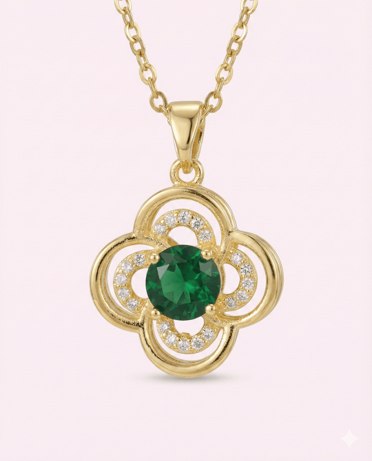 Lumiere Emerald Clover - collar de trébol enchapado en oro 14k con circones y cristal color esmeralda - Podios