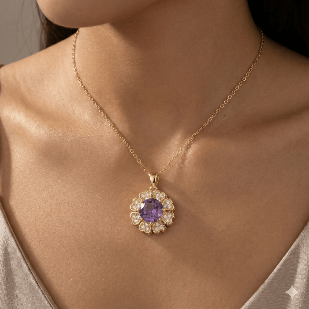 Lumiere Heart Bloom Amatista - collar giratorio antiestrés enchapado en oro 14k con circon amatista - Podios