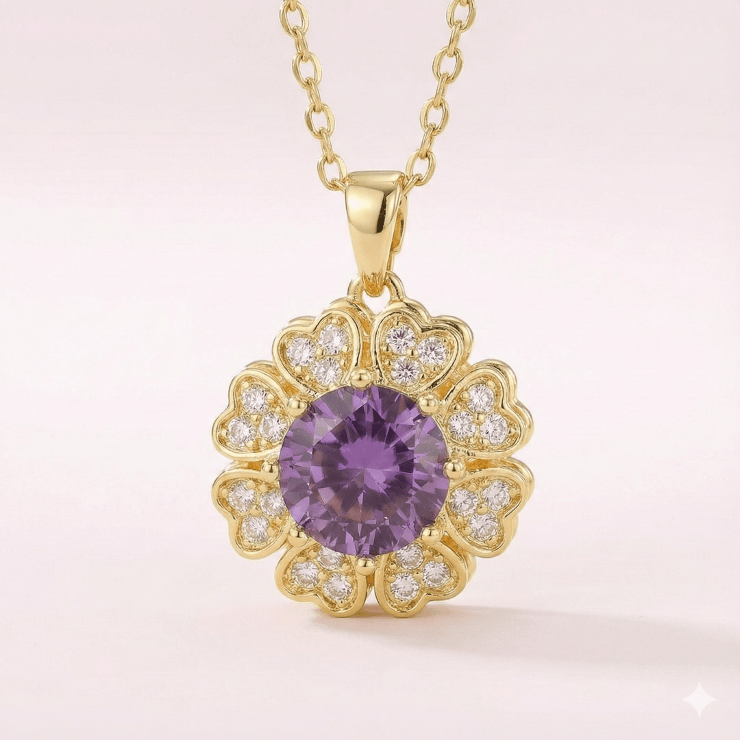 Lumiere Heart Bloom Amatista - collar giratorio antiestrés enchapado en oro 14k con circon amatista - Podios