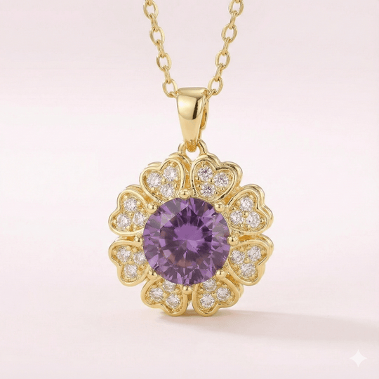 Lumiere Heart Bloom Amatista - collar giratorio antiestrés enchapado en oro 14k con circon amatista - Podios