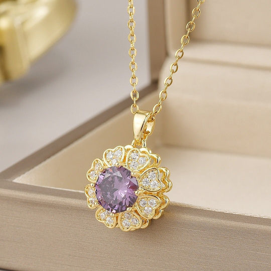 Lumiere Heart Bloom Amatista - collar giratorio antiestrés enchapado en oro 14k con circon amatista - Podios