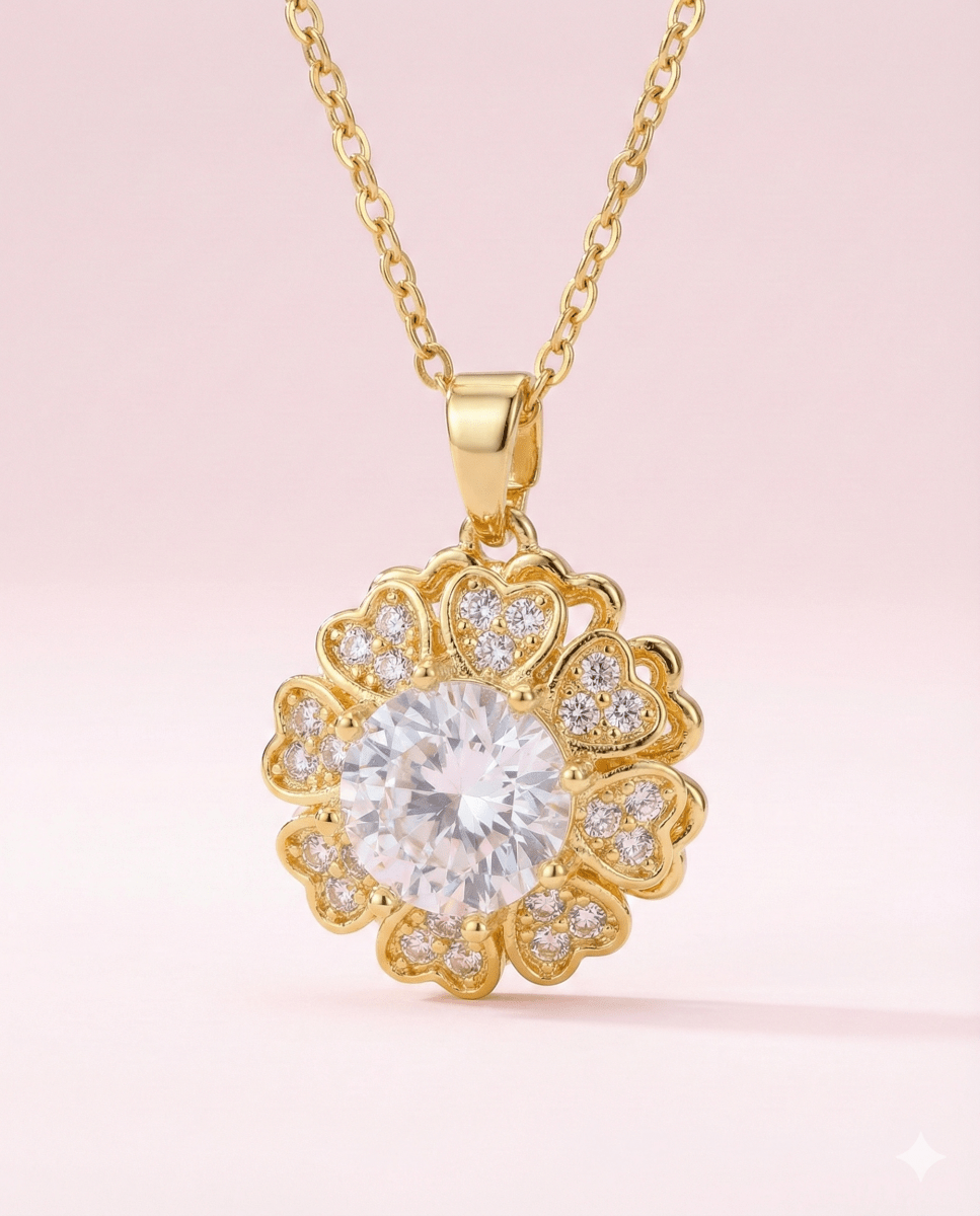 Lumiere Heart Bloom White - collar de trébol giratorio enchapado en oro 14k con circones - Podios