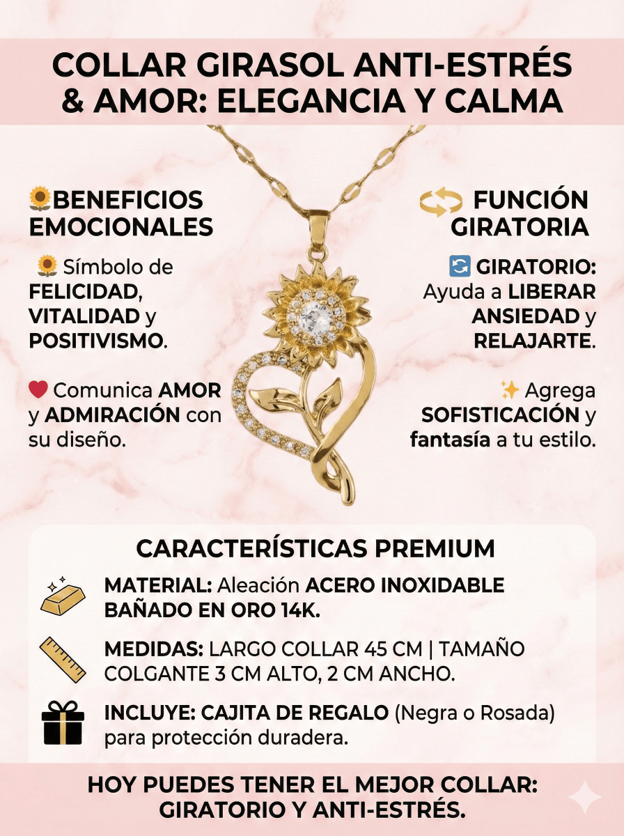 Premium Girasol Heart Duo™ Collar y anillo antiestrés de girasol giratorio bañado en oro 14k - Podios