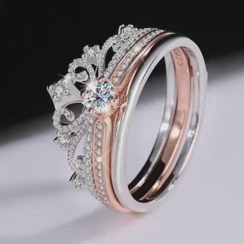 Anillo Corona Real Dúo - Anillo ajustable bañado en plata 925 y oro rosa