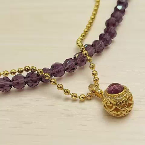 Collar Doble Violet Heart - Cristales violetas y cadena bañada en oro de 18K