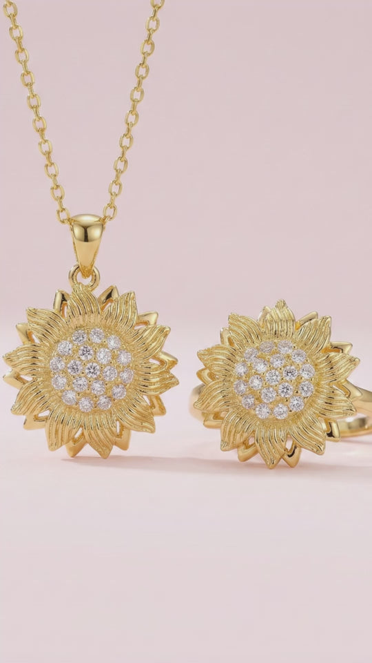 Lumiere 2 Lights - collar y anillo de girasol giratorio enchapado en oro 14k