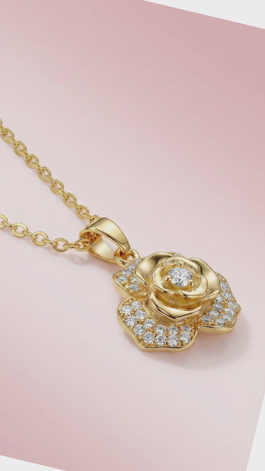 Rose & Peace - collar de rosa giratoria enchapada en oro 14k con circones