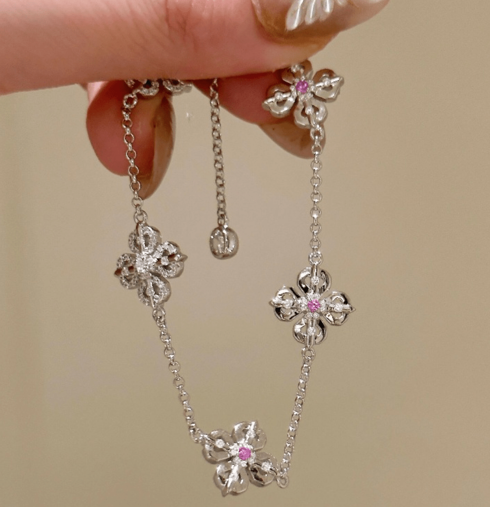 Pulsera Trébol de la Amatistas – Plata con Brillantes Rosados - Podios