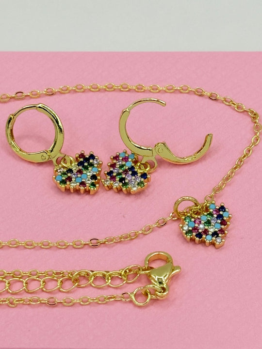 Rainbow Heart Dúo™ Conjunto de Collar y Aros enchapados en oro de 18 quilates con circonitas 3A - Podios