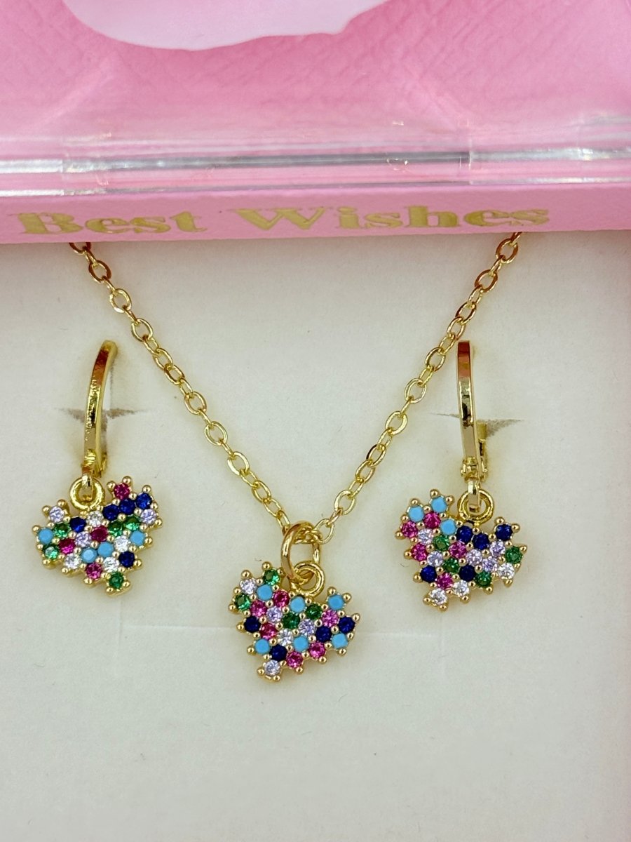 Rainbow Heart Dúo™ Conjunto de Collar y Aros enchapados en oro de 18 quilates con circonitas 3A - Podios