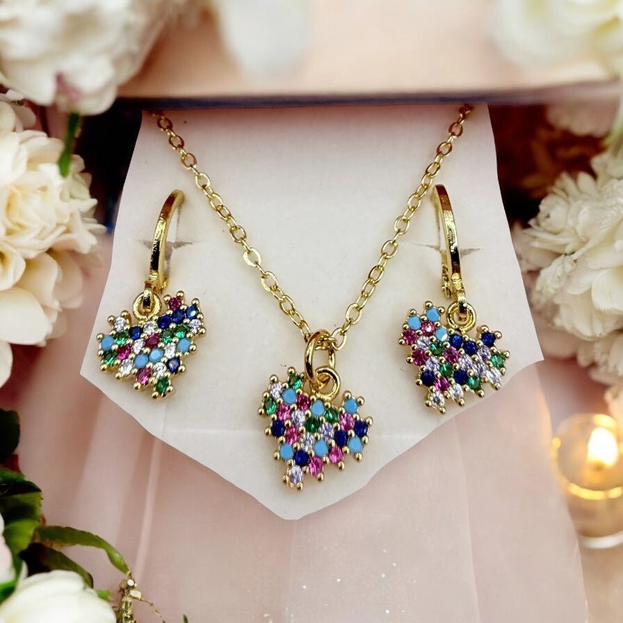 Rainbow Heart Dúo™ Conjunto de Collar y Aros enchapados en oro de 18 quilates con circonitas 3A - Podios