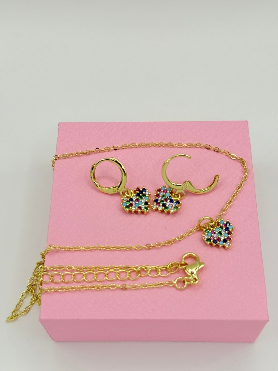 Rainbow Heart Dúo™ Conjunto de Collar y Aros enchapados en oro de 18 quilates con circonitas 3A - Podios