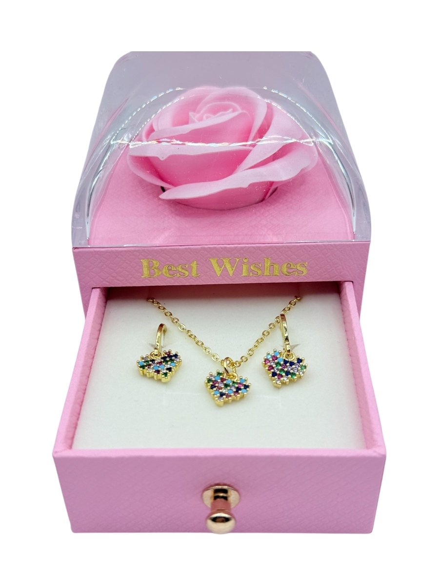 Rainbow Heart Dúo™ Conjunto de Collar y Aros enchapados en oro de 18 quilates con circonitas 3A - Podios