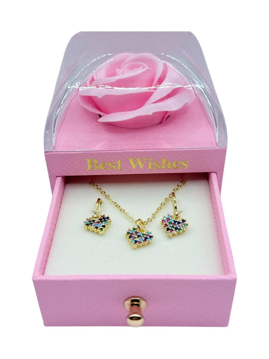 Rainbow Heart Dúo™ Conjunto de Collar y Aros enchapados en oro de 18 quilates con circonitas 3A - Podios