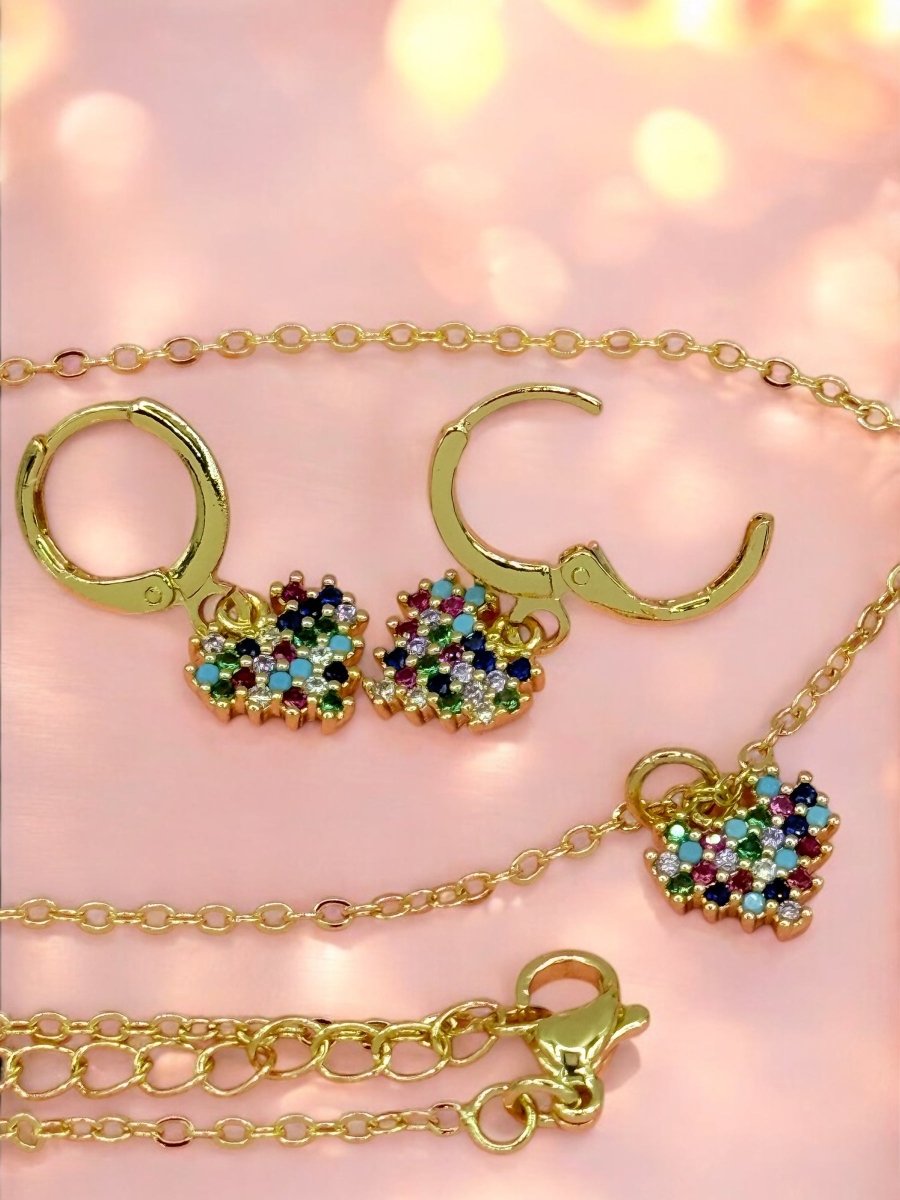 Rainbow Heart Dúo™ Conjunto de Collar y Aros enchapados en oro de 18 quilates con circonitas 3A - Podios