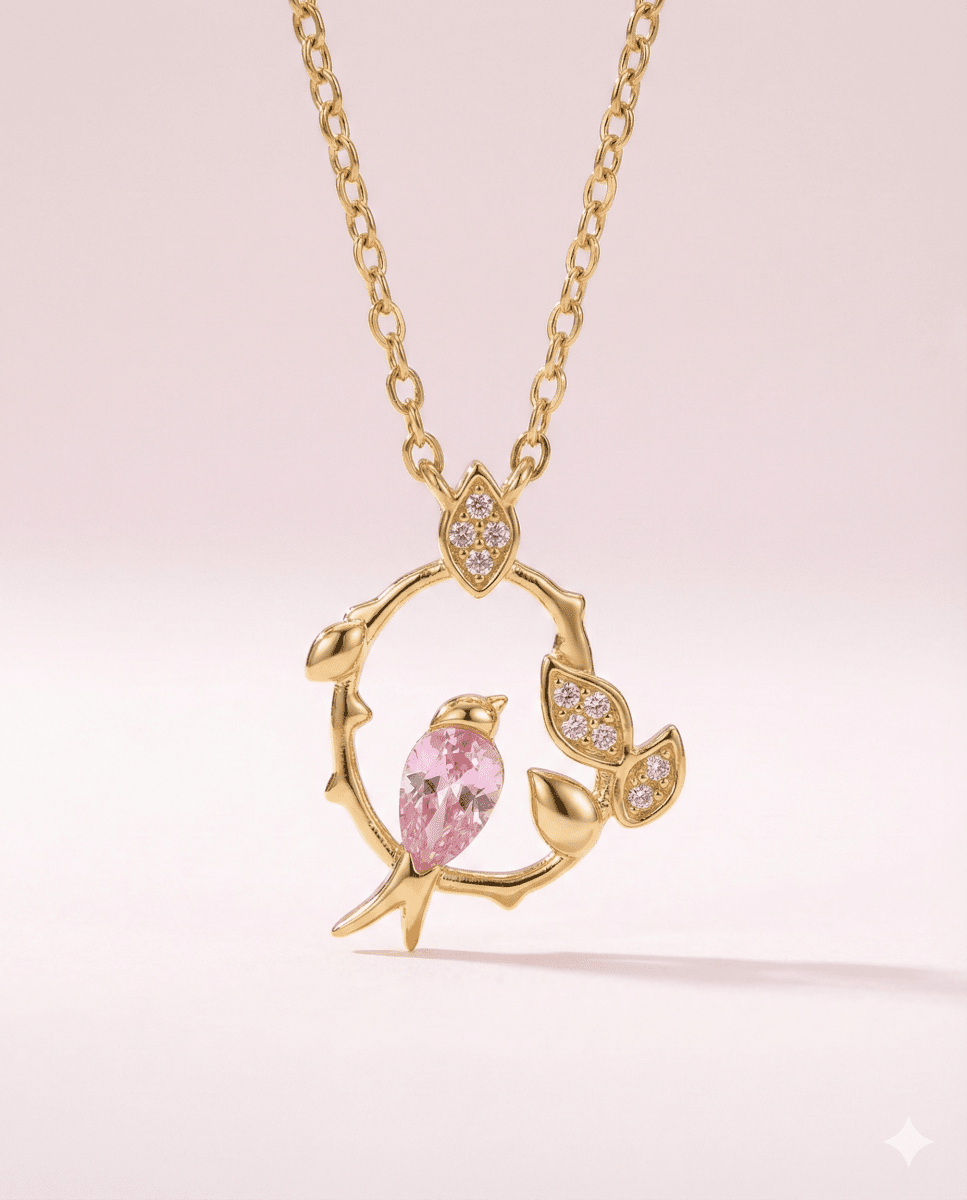 Renacer de Primavera - Collar Golondrina Rosa enchapada en Oro con Circones - Podios