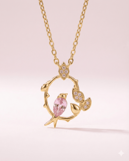 Renacer de Primavera - Collar Golondrina Rosa enchapada en Oro con Circones - Podios