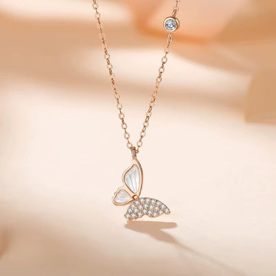 Rosas y Mariposa - Collar de plata 925 bañado en oro rosa en caja romántica - Podios