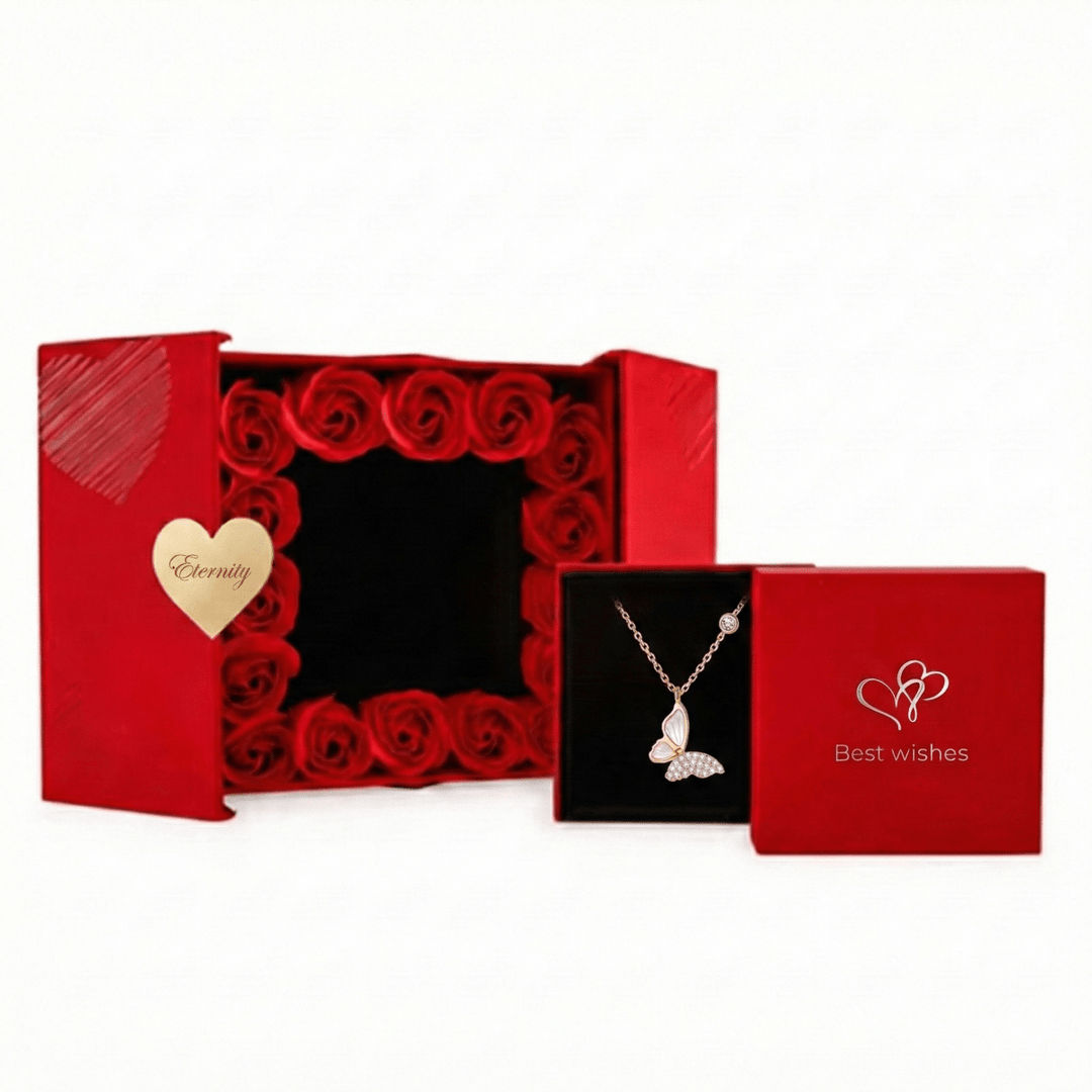 Rosas y Mariposa - Collar de plata 925 bañado en oro rosa en caja romántica - Podios