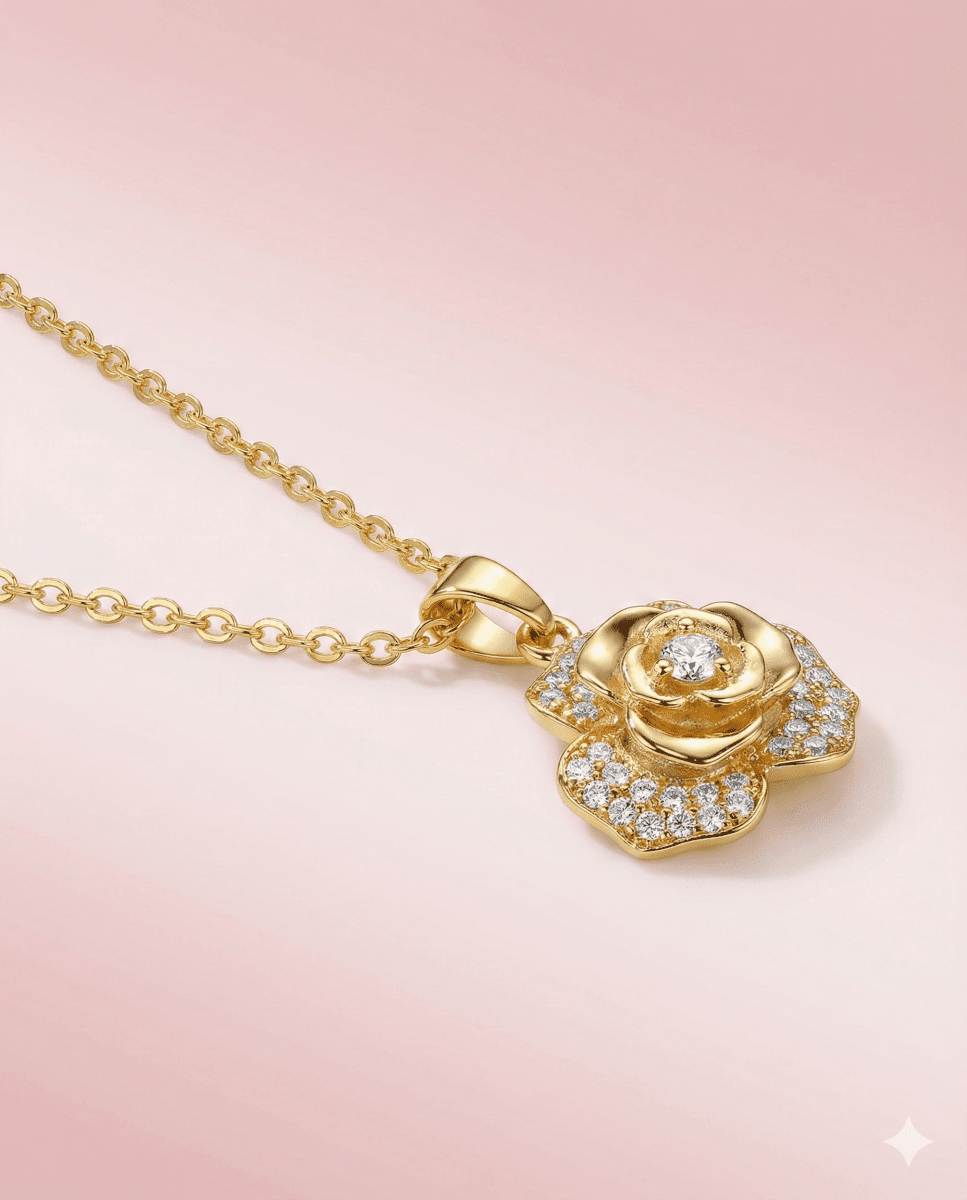 Rose & Peace - collar de rosa giratoria enchapada en oro 14k con circones - Podios