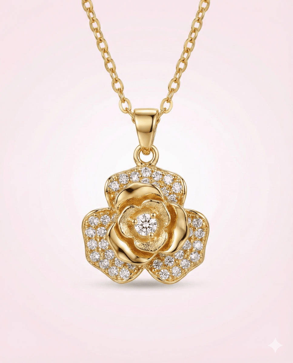 Rose & Peace - collar de rosa giratoria enchapada en oro 14k con circones - Podios