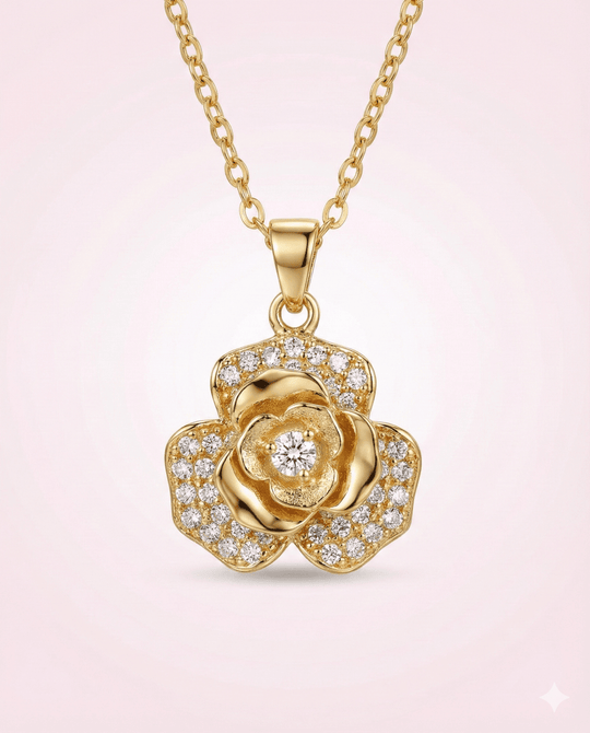 Rose & Peace - collar de rosa giratoria enchapada en oro 14k con circones - Podios