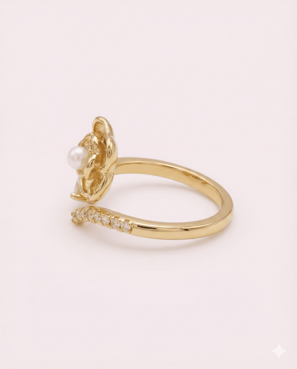 Rose & Pearl - anillo ajustable de rosa, perla y brillantes, enchapada en oro 14k - Podios